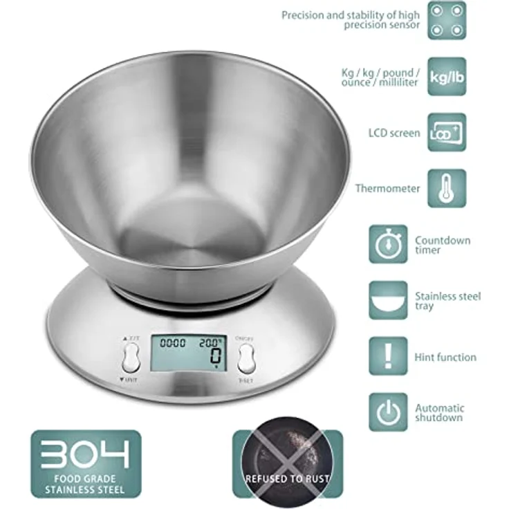 Uten Küchenwaage Digitalwaage Professionelle Waage Electronische Waage, Digitale Küchenwaage 5kg x 1g aus 304 Edelstahl Tara-Funktion mit LCD-Display Schale und Timer – Bild 3
