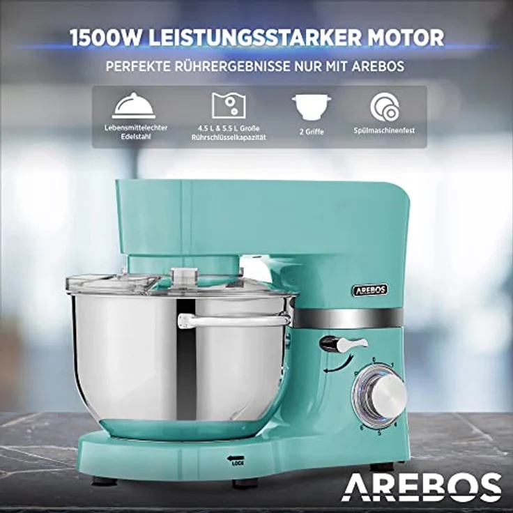 Arebos Küchenmaschine 1500W Türkis | Knetmaschine mit 2x Edelstahl-Rührschüsseln 4,5 & 5,5L | Geräuscharm | Küchenmixer mit Rührhaken, Knethaken, Schlagbesen und Spritzschutz | 6 Geschwindigkeiten – Bild 3