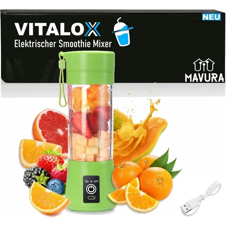 VITALOX Elektrischer Smoothie Maker Standmixer Mini Mixer Blender Shaker m. Akku - Grün 380ml, 6 superscharfe 3D-Klingen, 2000mah 3.7V – Bild 1
