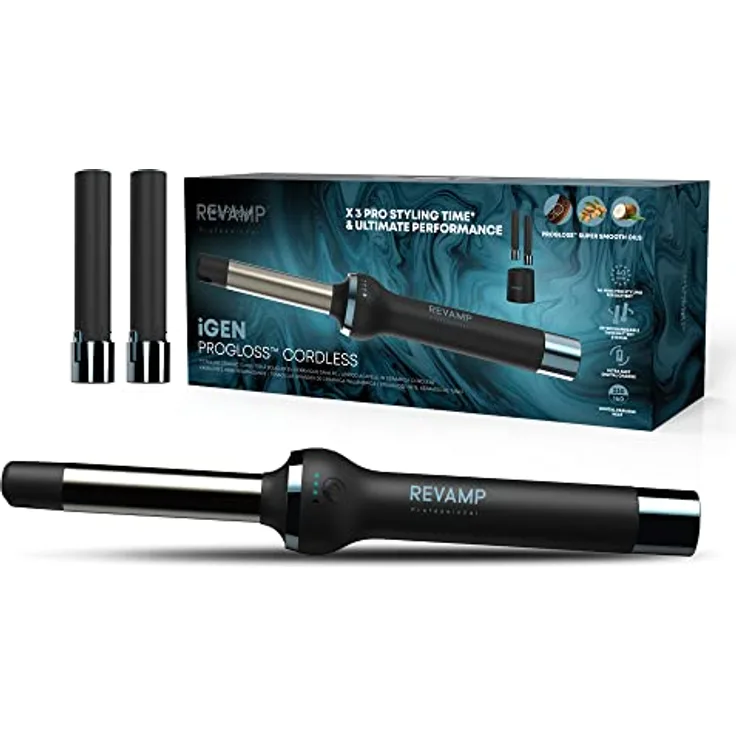 REVAMP iGen Progloss kabelloser Keramik-Lockenstab – Mühelos perfekte Locken, variable Temperatureinstellung, mit Progloss-Ölen angereicherter 25-mm-Keramikstab, hitzebeständige Hülse enthalten