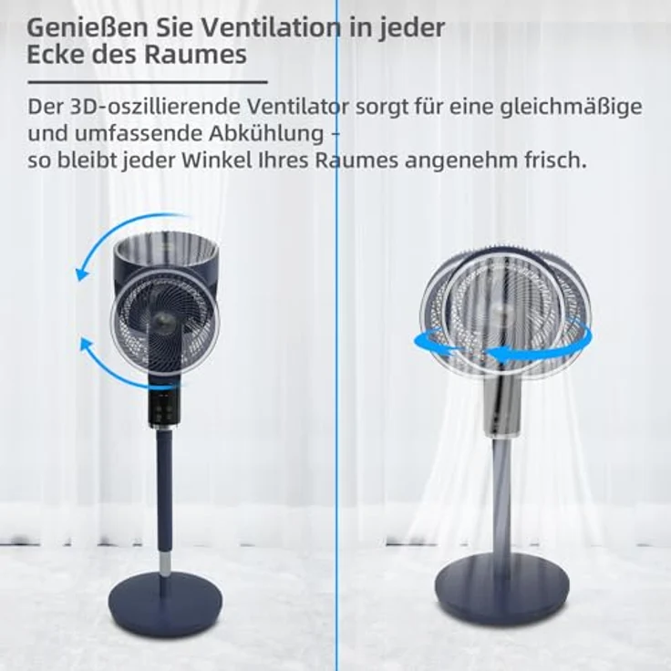 Be Cool Design-Standventilator 26cm, 50 Watt, 3D-Oszillation, höhenverstellbar 80-105 cm, 12 Std. Timer, Aromabox, mit Fernbedienung, blau – Bild 4