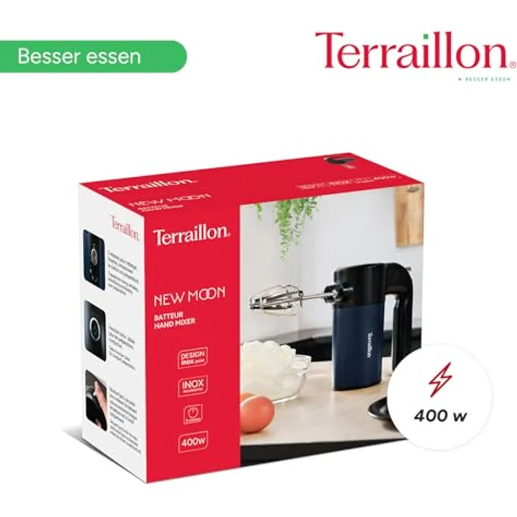TERRAILLON New Moon Elektrischer Handmixer, Edelstahl-Schneebesen, 5 Geschwindigkeitsstufen, Turbo-Funktion, 400 W, Auswurfknopf, lackiertes Edelstahl-Gehäuse, blau – Bild 5