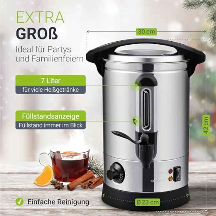Juskys 51007 Teramo Glühweinkocher, Einkochautomat, 1500 Watt, 7 Liter, elektrisch, mit Zapfhahn, Thermostat, Überhitzungsschutz, Edelstahl – Bild 5