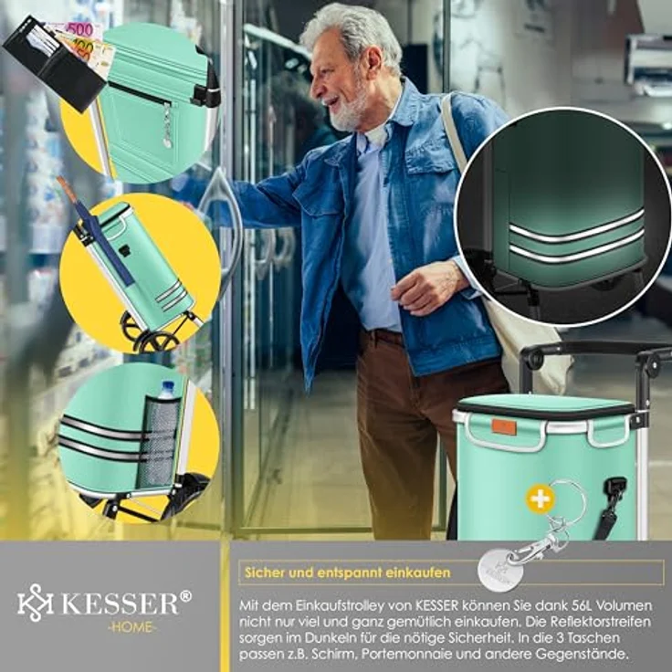 KESSER® Einkaufstrolley klappbar mit 56L Kapazität und belastbar bis 50kg | 3in1 Trolley Sackkarre & Umhängetasche | Faltbarer Einkaufswagen inkl. Kühlfach & Einkaufschip | Treppensteiger Mint Grün – Bild 5