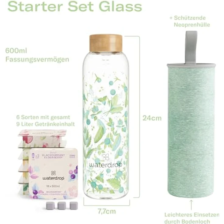 waterdrop® Starter Set Glass | Glass Bottle + 18 Microdrinks zum Auflösen in 6 fruchtigen Sorten – Probierpaket | 600ml Glasflasche auslaufsicher Kohlensäure geeignet + Getränkepulver zuckerfrei – Bild 2