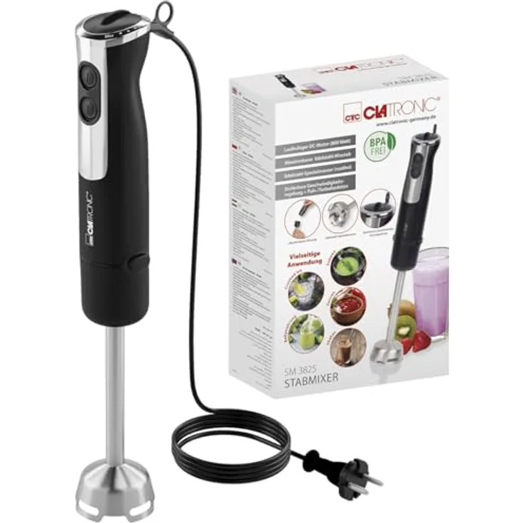 CLATRONIC Stabmixer SM 3825, 800 Watt Stabmixer mit Turbo-Funktion und Edelstahl-Spezialmesser, BPA-frei
