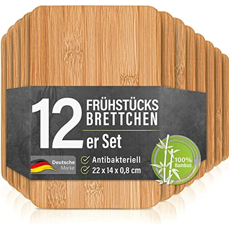 12er-Set Frühstücksbrettchen aus Bambus Holz - 22x14x0,8cm Holzbrettchen Set Brettchen Frühstücksbrett Holzbrett – Bild 1