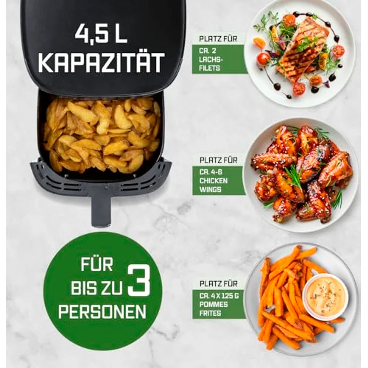 GOURMETmaxx AirGenius Heißluftfritteuse, 4,5 L, Mattschwarz, 6 Funktionen, 8 Programme, Fettarme Zubereitung für bis zu 3 Personen, Multi-Color LED-Touchdisplay – Bild 5