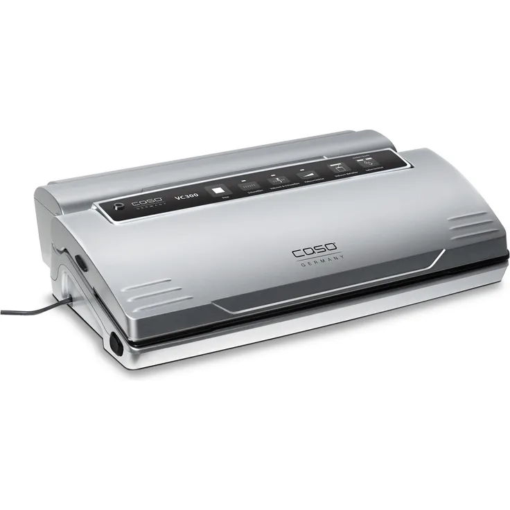 Caso VC300 Vakuumierer, 120W, Vakuumiergerät, Lebensmittel 8x länger frisch, doppelte Schweißnaht, regulierbare Vakuumstärke, inkl. Folienbox, Cutter, 2 Profi-Folienrollen, Schlauch für Vakuumbehälter, Kunststoff, silber