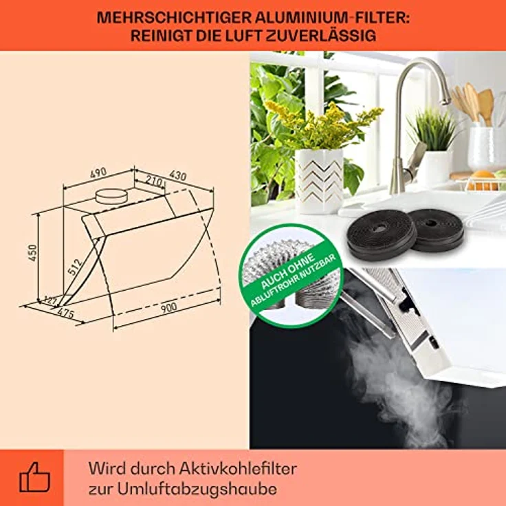 Klarstein 10040143 Kopffreihaube, Clara 90 Dunstabzugshaube Glas 509 m³/h Touch Ambiente-Licht, weiß – Bild 6