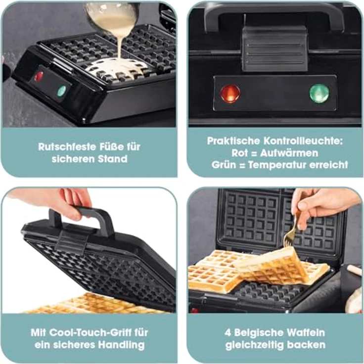 GOURMETmaxx Waffeleisen für 4 Belgische Waffeln | Waffelautomat mit Antihaftbeschichtung, stufenlos einstellbarer Bräunungsgrad und Kontrollleuchte | Duftende belgische Waffeln ganz einfach zubereitet – Bild 3