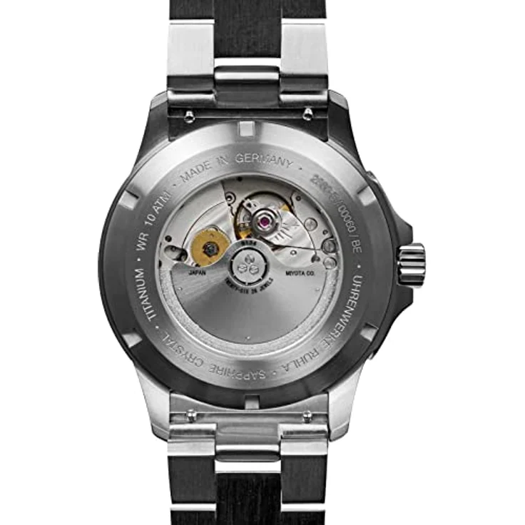 Bauhaus Aviation Herrenuhr mit Titanband Automatik 10 ATM Saphirglas Gangreserve Datum 2860M-5, Made in Germany, Titan Gehäuse, 24 Stunden Anzeige, Japanisches Automatik Uhrwerk Miyota 9134, Wassergeschützt 10 ATM, Titan Glieder Armband, silberfarbenes Zifferblatt – Bild 3
