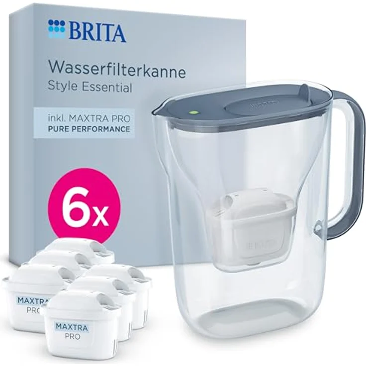 BRITA Wasserfilter Kanne Style Essential, steinblau, 2,4l mit 6x MAXTRA PRO Filterkartuschen, Smart Light LED, Klapp-Deckel, Kühlschranktauglich – Bild 1