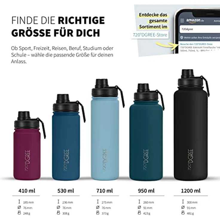 720°DGREE Edelstahl Trinkflasche Kinder 530ml “noLimit”, Auslaufsicher, für Kohlensäure, BPA-Frei, Thermosflasche mit Schraubverschluss, inkl. Gratis Sportdeckel – Bild 3
