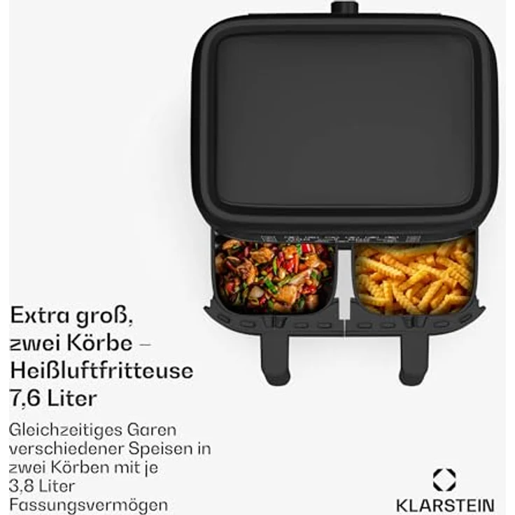 Klarstein VitaFry Duo Skylight Doppel-Heißluftfritteuse, 2850W, 7,6L, Touch-Bedienfeld, 6 Modi, XL, schwarz – Bild 2