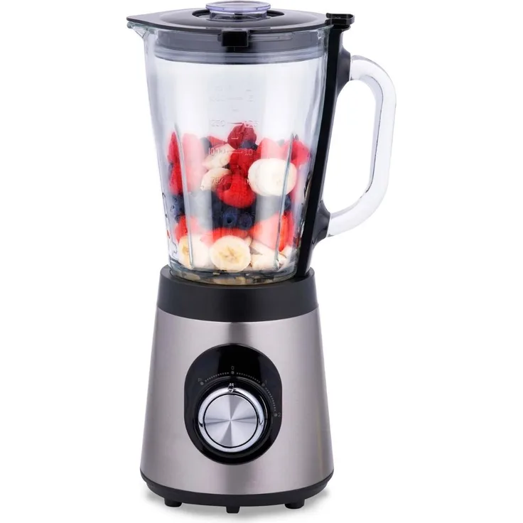alpina Mixer 1,5L, Smoothie Maker 500W mit Glasbehälter, 2 Geschwindigkeiten, Pulsfunktion, rutschfeste Füße, schwarz-silber