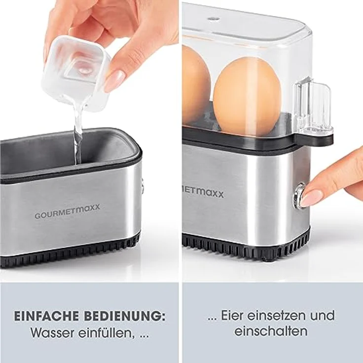 GOURMETmaxx Eierkocher für 2 Eier | Elektrischer Egg Cooker mit Messbecher & Ei-Pick | Kompaktes Design [Edelstahl] – Bild 3