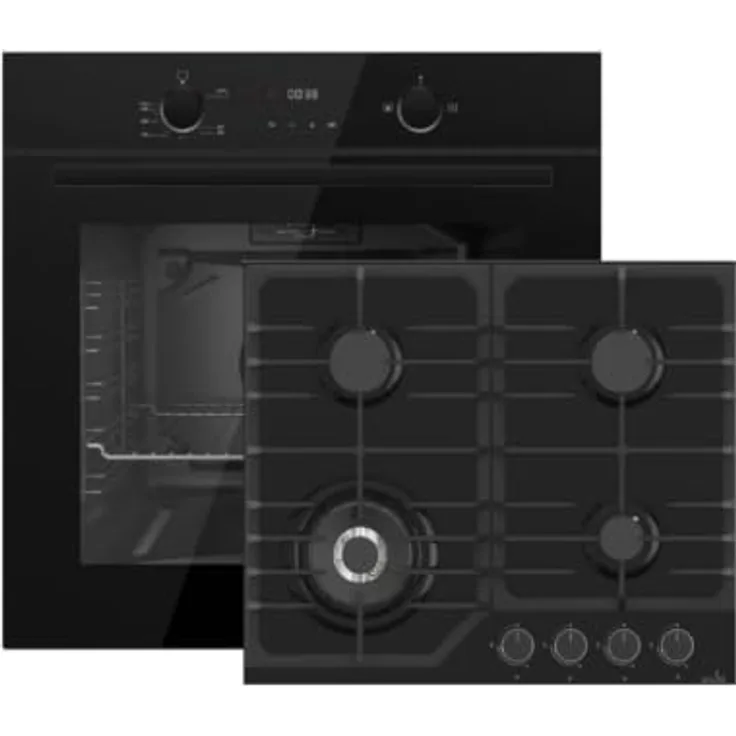 Gasline Gasherdset GB850-FIB + GAG60GLWG, 69 Liter Gas-Einbaubackofen mit Umluft, 60 cm Glaskeramik-Gaskochfeld Schwarz, 4 Sabaf-Brenner mit 3,8 kW WOK-Brenner, Erdgas/Propangas