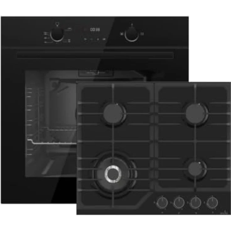 Gasline Gasherdset GB850-FIB + GAG60GLWG, 69 Liter Gas-Einbaubackofen mit Umluft, 60 cm Glaskeramik-Gaskochfeld Schwarz, 4 Sabaf-Brenner mit 3,8 kW WOK-Brenner, Erdgas/Propangas – Bild 1