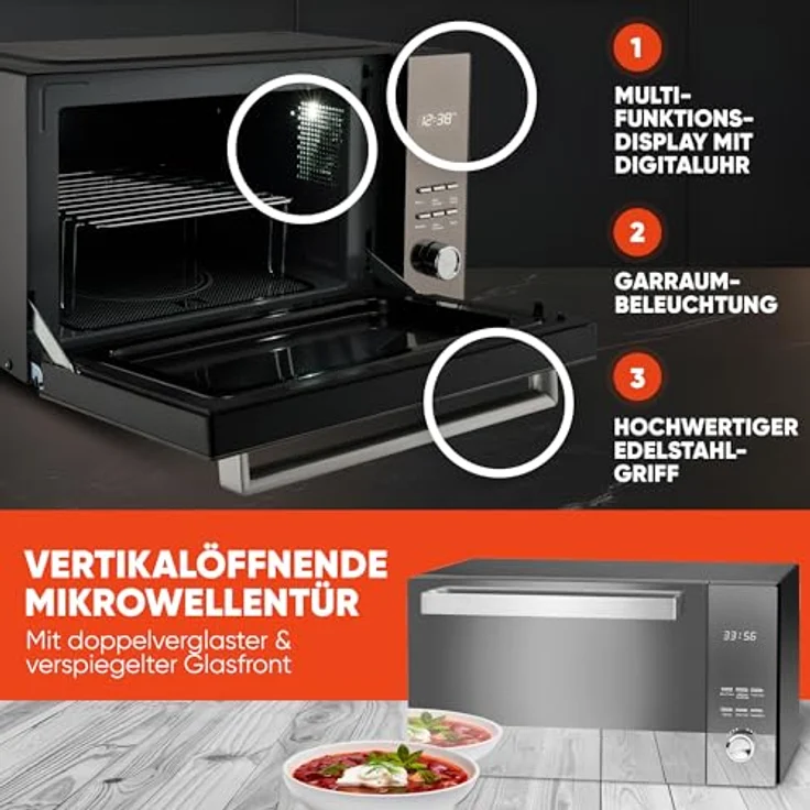 ProfiCook PC-MWG 1204 Mikrowelle mit Grill, 23 Liter Garraum, 800 Watt, Standgerät, doppelverglaste Vertikal- Tür mit hochwertigem Edelstahlgriff – Bild 4