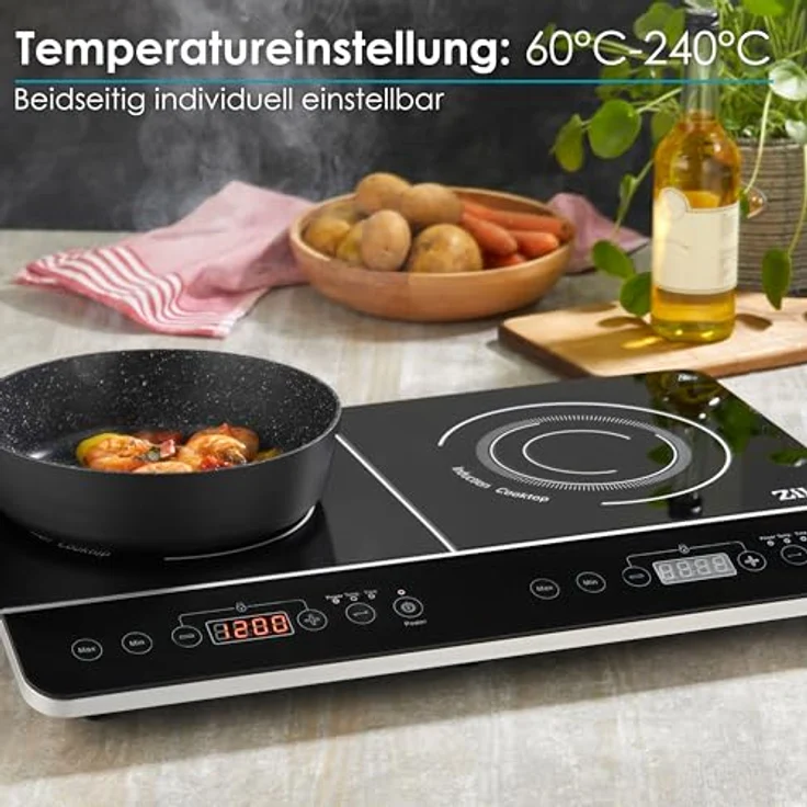 Zilan Doppel-Induktionskochplatte ZLN-8088, Kristallglas, 2 Kochfelder, 10 Temperaturstufen, 200-2000 Watt, Timer, Überhitzungsschutz, Touch-Bedienfeld, Digitalanzeige – Bild 3