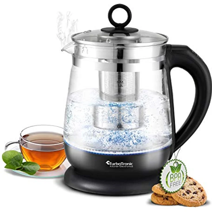 TurboTronic Glas-Wasserkocher TT-LED11, 2200 W, 1,5 l, hitzebeständiges Borosilikatglas, Temperaturwahl 60-100 °C, herausnehmbares Teesieb, 100 % plastikfrei – Bild 3