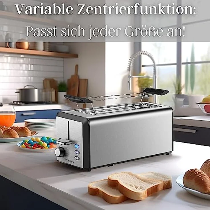 Steinborg Toaster Langschlitz | 4 Scheiben Toastautomat XXL 1500 Watt | 6-Stufen Bräuneregler | Brötchenaufsatz | Auftau-Funktion | Krümelschublade | Edelstahl | Doppelschlitz | LED Display – Bild 2