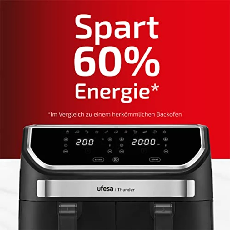 Ufesa Thunder Heißluftfritteuse Doppelkammer Dual Zone, 11 Programme, 9 Liter, 2 große Frittierfächer, 2 unabhängige Garzonen, 1700W, digitale Steuerung, Antihaftbeschichtung – Bild 2