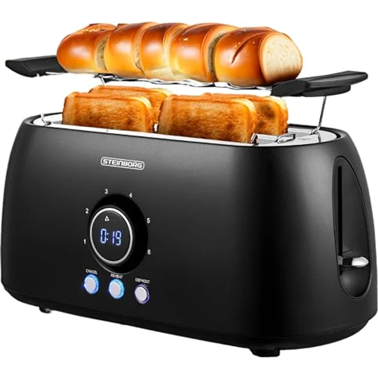 XXL Toaster 4 Scheiben mit Brötchenaufsatz | Toaster Schwarz | Digitales Display | Toastautomat | Automatische Abschaltung | Langschlitztoaster – Bild 1