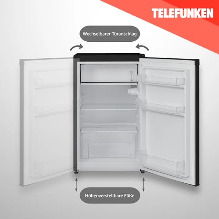 TELEFUNKEN Kühlschrank mit Gefrierfach/Eiswürfelfach | Freistehend | 89 Liter Nutzinhalt | Kühlschrank klein mit Gemüsefach | LED-Beleuchtung | Türanschlag wechselbar | CF-33-101-B2 schwarz – Bild 4