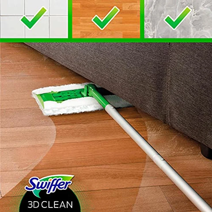 Swiffer Bodenwischer 3D Clean Trockene und Feuchte Bodentücher Starterset ( 1 Stab, 4 Trockene Bodentücher, 2 Feuchte Bodentücher), Nasswischer, Wischer zur Reinigung von Hartholz und Böden – Bild 5