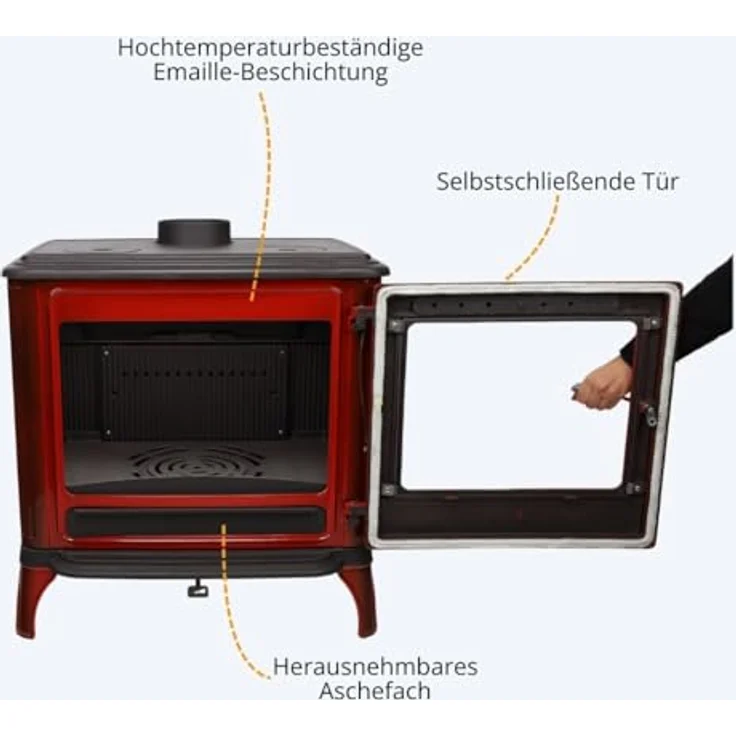 365® Kaminofen Ferrox 75, rot emailliert, 10,5 kW Nennwärmeleistung, Gusseisen, Scheibenspülung, Aschekasten – Bild 4