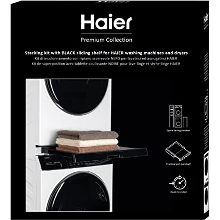 Haier Premium Verbindungsrahmen für Waschmaschinen & Trockner/Schwarz-weiß/Ausziehfläche für Wäschekorb/12 kg Belastbarkeit/Sicherheitsgurt/Wandbefestigung/Passend für Haier Serien 3, 5, 7 & Trockner Serien 5, 7 – Bild 1
