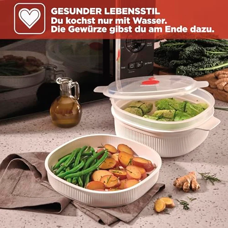 Snips Dampfgarer für Mikrowelle Weiß, 4L, Spülmaschinenfester Mikrowellenbehälter mit 2 Tabletts, schnelle Zubereitung, 26.5x22x13.5 cm, Made in Italy – Bild 4