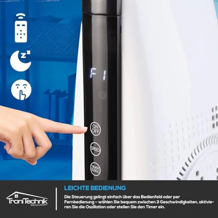 Tronitechnik® Turmventilator TUV05, 88 cm Standventilator mit Oszillation, Timer und 3 Stufen, leise und platzsparend für Schlafzimmer, Büro und Wohnzimmer, 50 W – Bild 5