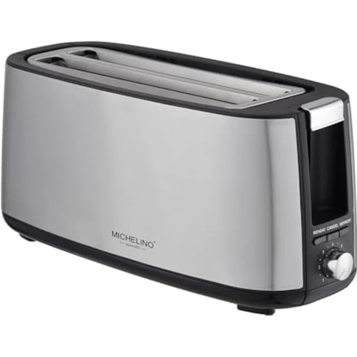 Michelino Edelstahl 4-Scheiben Langschlitz Toaster Toastautomat Vierscheibentoaster | Brötchenaufsatz | Auftau- / Aufwärm- und Stopp-Taste | Kontrollleuchte | Krümelschublade