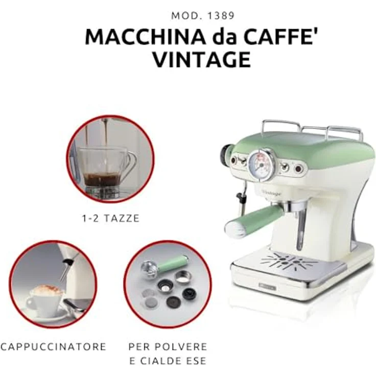 Ariete 1389-14 Green 00M138914AR0 Siebträger-Espressomaschine Vintage mit Milchaufschäumdüse, 900 W, lindgrün, Kunststoff – Bild 2