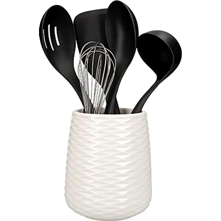 KitchenAid 6er Set Küchenutensilien und Halter, Antihaftbeschichtet, Spülmaschinenfest, Kochgeschirr, Schwarz, 16.5 x 16.5 x 36.8 cm