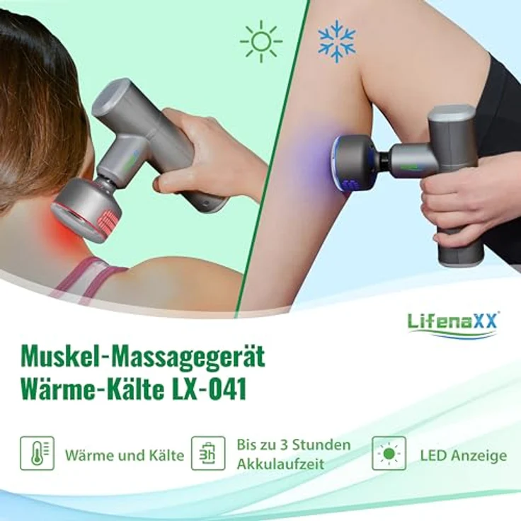 Lifenaxx Muskel-Massagegerät Wärme-Kälte-Therapie Pro LX-041 - Massagepistole mit 6 Stufen, 5 Massageköpfe, 2000mAh Batterielaufzeit in Schwarz – Bild 5