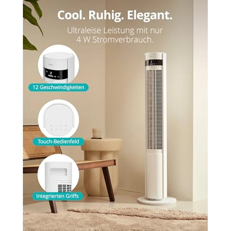 Duux Elevate Turmventilator – 12 Geschwindigkeiten, 80° Oszillation, 25 dB, Ionisator, Timer (1–12h), Schlafmodus, Touch & Fernbedienung – Leiser Smart Ventilator für Schlafzimmer/Büro, Weiß – Bild 2