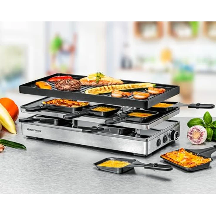 Rommelsbacher Pizza Raclette RCP 1800, Wendeplatte mit Grillmuster/Crêpes, keramische Antihaftbeschichtung (PFAS-frei), 2 m Kabel, stufenlose Temperaturregelung, 8 Pfännchen – Bild 2