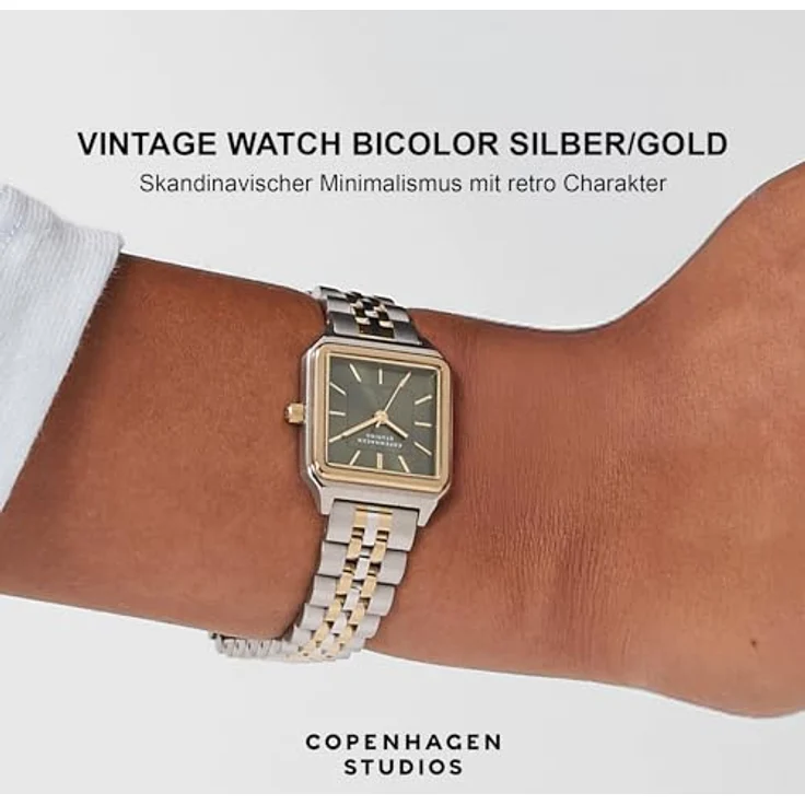 COPENHAGEN STUDIOS Vintage Square Watch, Bicolor Silber & Gold, 24 mm, Damenuhr aus poliertem Edelstahl mit Quarzwerk, 5 ATM wasserdicht, kratzfest – Bild 2