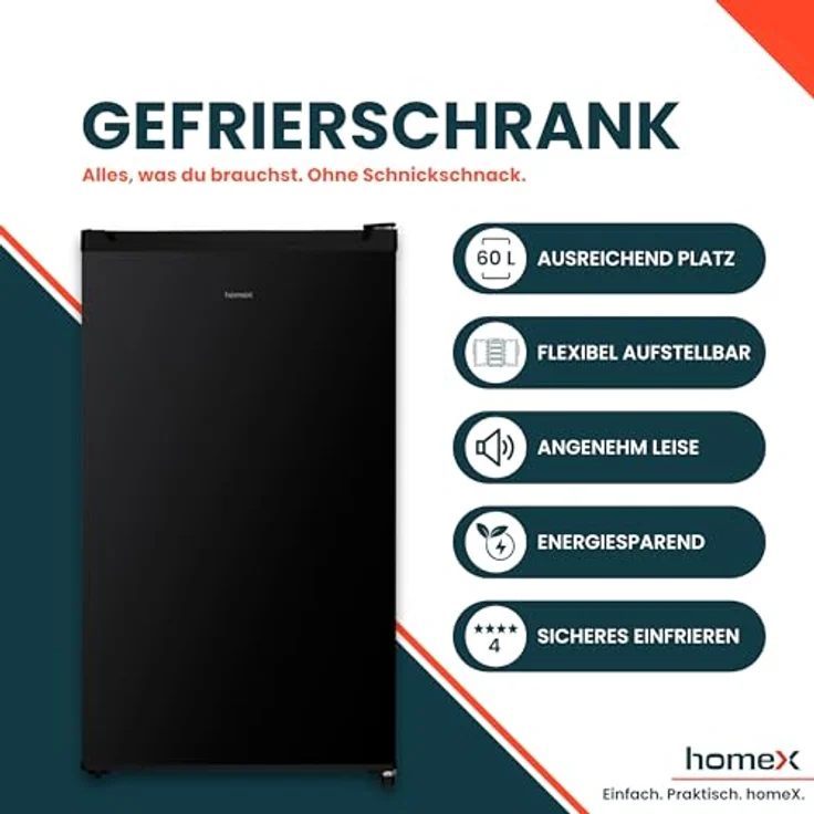 homeX FS1016-B, Gefrierschrank mit 60L Nutzinhalt, 4-Sterne Gefrierleistung, freistehend, schwarz – Bild 2