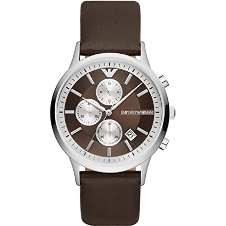 Emporio Armani Uhr für Herren, Chronographenwerk, 43mm Edelstahlgehäuse mit ProPlanet Lederarmband, Braun