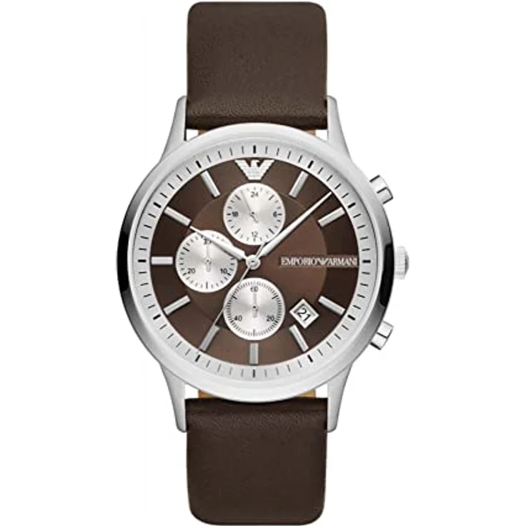 Emporio Armani Uhr für Herren, Chronographenwerk, 43mm Edelstahlgehäuse mit ProPlanet Lederarmband, Braun – Bild 1