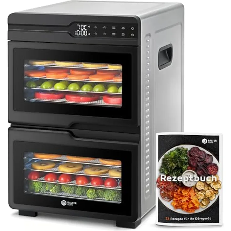 Balter Dörrautomat DA-107, Edelstahl Dehydrator mit 2 Kammern, 12 Etagen, 1000 W, 8800 cm² Dörrfläche, BPA-frei, 35–75 °C, Timer bis 48 Std, Warmhaltefunktion, inklusive Rezeptbuch