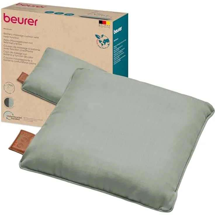 Beurer MG 139 Akku-Massagekissen mit Wärmefunktion, kabelloses Shiatsu-Massagekissen, zuschaltbare Wärme, hergestellt aus recyceltem Material, Maschinenwaschbar, Abschaltautomatik, 40 x 40 cm, Mint