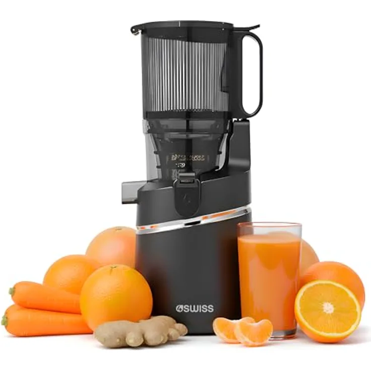 4Swiss WB025 Slow Juicer, Kaltentsafter mit 13 cm XXL Einfüllschacht, BPA-frei, leise Saftpresse für Obst und Gemüse