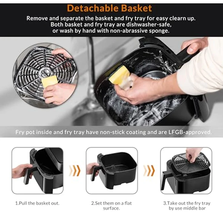 LEHMANN Heißluftfritteuse 6L mit 10 Kochprogrammen, 1500 W, digitalem LED-Touchscreen, ölfreies Braten – Bild 5