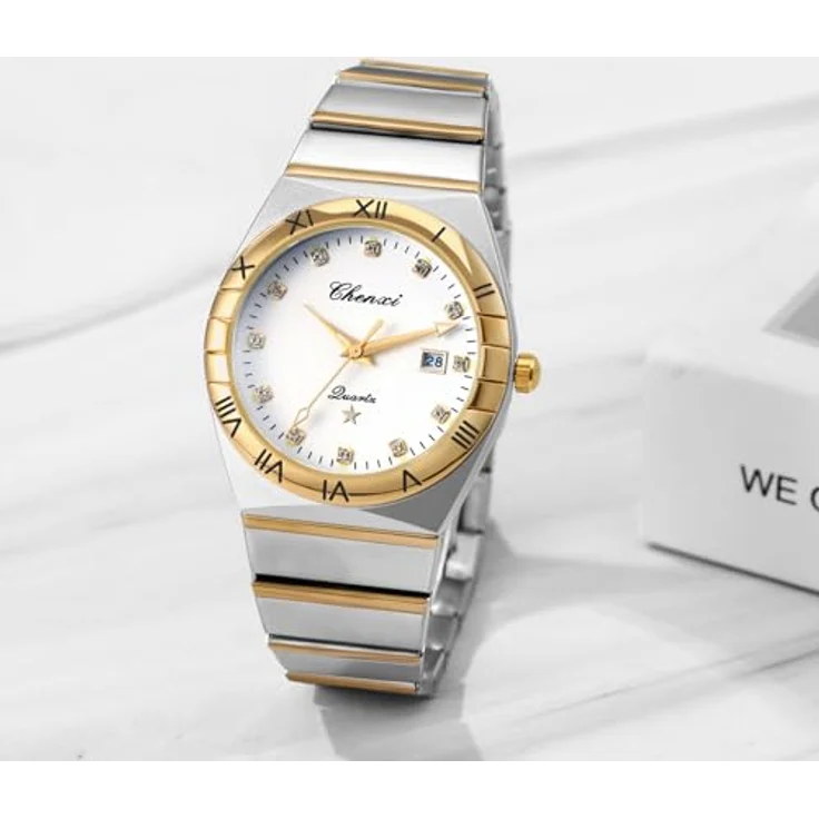 JewelryWe Herrenuhr Edelstahl, 30m wasserdichte Armbanduhr mit Kalender, analogem Quarzwerk, römischen Ziffern und Strassskala, Gold/Silber Edelstahlarmband, weißes Zifferblatt – Bild 2
